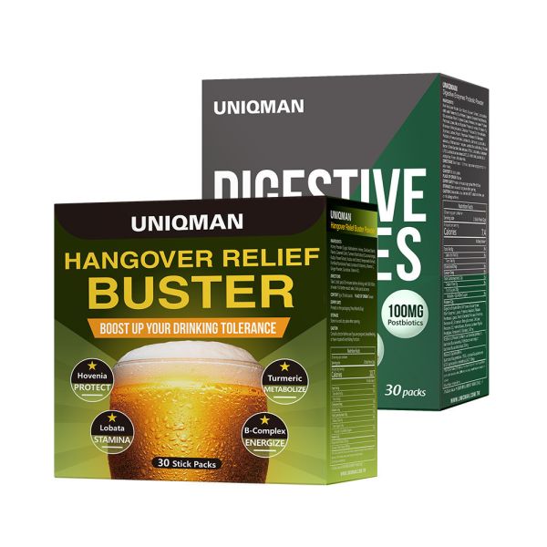 UNIQMAN Hangover Relief Buster Powder (3g/stick pack; 30 stick packs/packet) + Digestive Enzymes Probiotic Powder (2g/stick pack; 30 stick packs/packet) Hovenia, hangover, protect liver