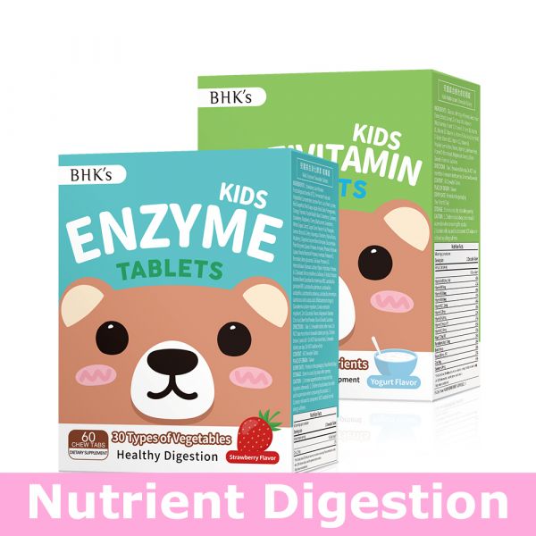 BHK's Kids Enzyme Chewable Tablets (Strawberry Flavor) (60 chewable tablets/packet) + Kids Multivitamin Chewable Tablets (Yogurt Flavor) (60 chewable tablets/packet)【Nutrient Digestion】 