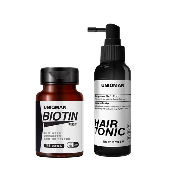 UNIQMAN Biotin Tablets (60 tablets/bottle) + Hair Tonic (100ml/bottle) UNIQMAN Double Hair Care Set, UNIQMAN Biotin, UNIQMAN Hair Tonic, hair growth, hair care supplement for men, strengthen hair, hair nourishment for men, hair tonic for men