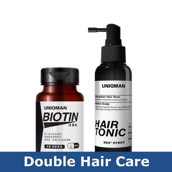 UNIQMAN Biotin Tablets (60 tablets/bottle) + Hair Tonic (100ml/bottle) UNIQMAN Double Hair Care Set, UNIQMAN Biotin, UNIQMAN Hair Tonic, hair growth, hair care supplement for men, strengthen hair, hair nourishment for men, hair tonic for men