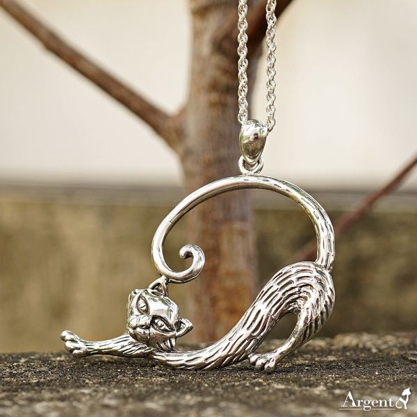 限定項鍊-慵懶貓(配2mm鍊)-正面立體-貓咪造型動物雕刻純銀項鍊 貓咪造型項鍊