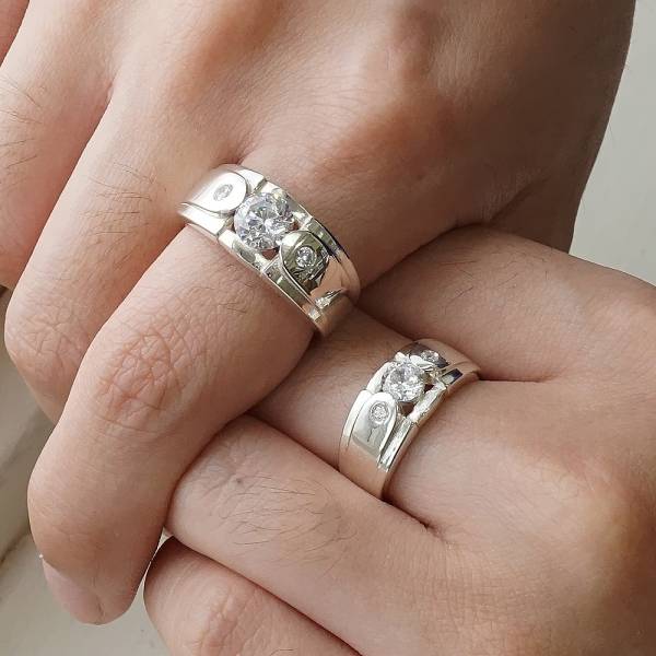 對戒-「永固愛情(寬+細)」鑲鑽設計純銀情人戒指|求婚戒指推薦(一對價) 結婚對戒
