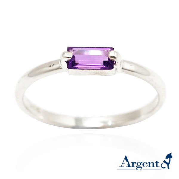 橫式長方彩鑽(天然紫水晶)鑲崁純銀戒指|戒指推薦 紫水晶