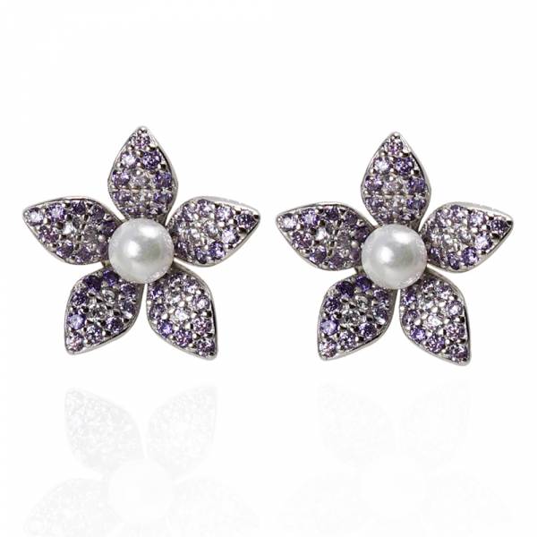 珍珠花瓣(粉/綠/藍/紫/橘色)鑲鑽搭配天然珍珠-造型純銀耳環推薦|925銀飾 珍珠耳環