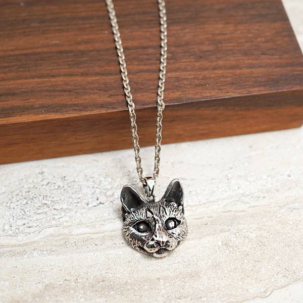 寫實貓-大-虎斑貓(斑斑)-半立體(染黑/無染黑)造型動物純銀項鍊銀飾|安爵貓系列 米克斯