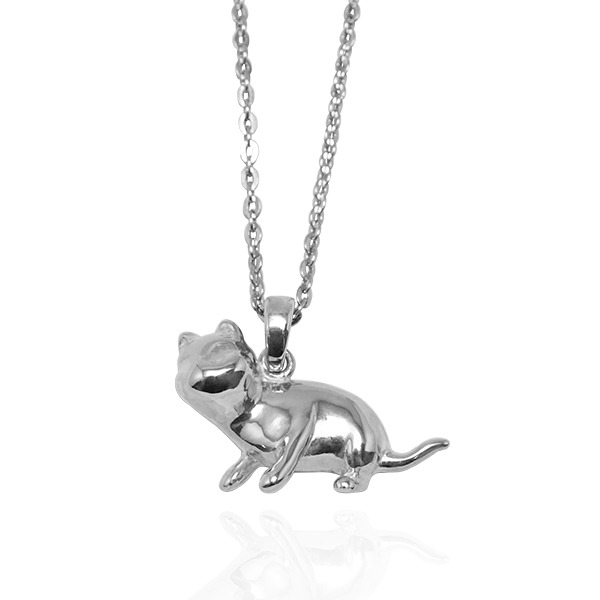 貓咪咕嚕姿勢-神探(配1.5mm鍊)-半立體造型動物純銀項鍊銀飾-剪影立體造型 貓剪影項鍊