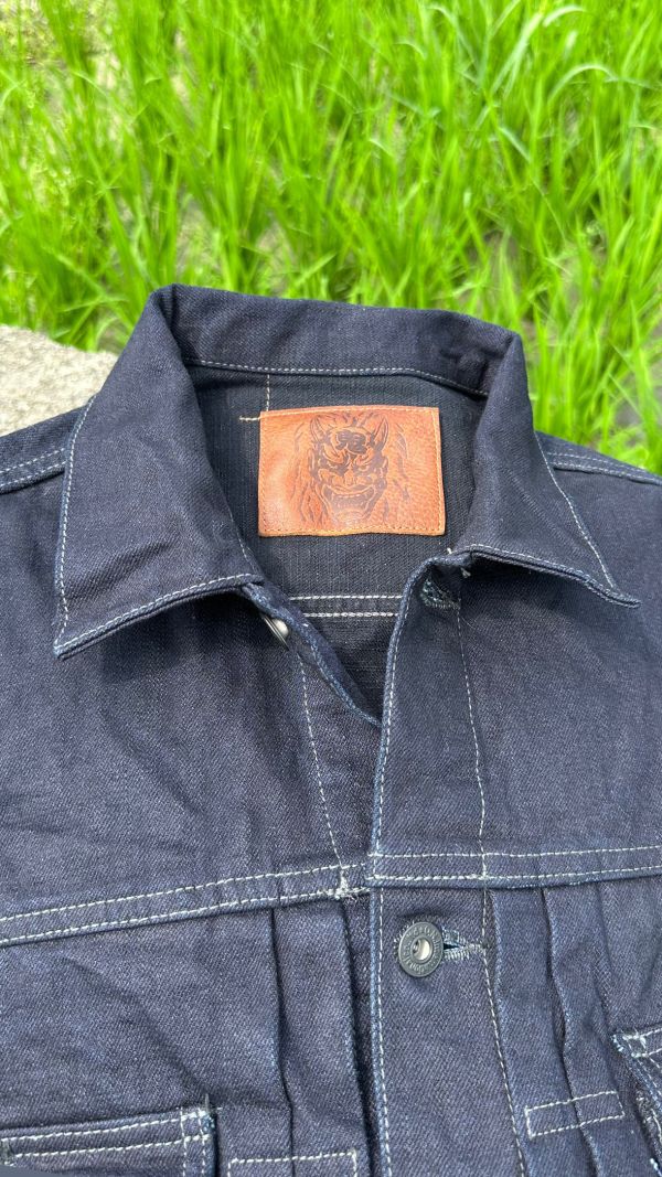 14oz 初代鬼デニム縱線藍染+橫線黑布料二代版型側邊口袋夾克 