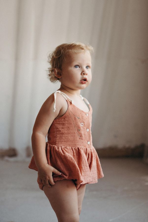 Popelin Organic Romper Suite with Straps 綁帶連身裙 - Coral 