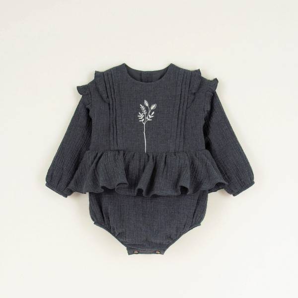 Popelin Embroidered Romper Suit with Pintucks 連身裙 - Dark Grey 