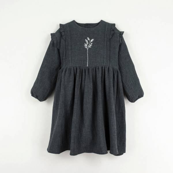 Popelin Embroidered Dress with Pintucks 洋裝 - Dark Grey 